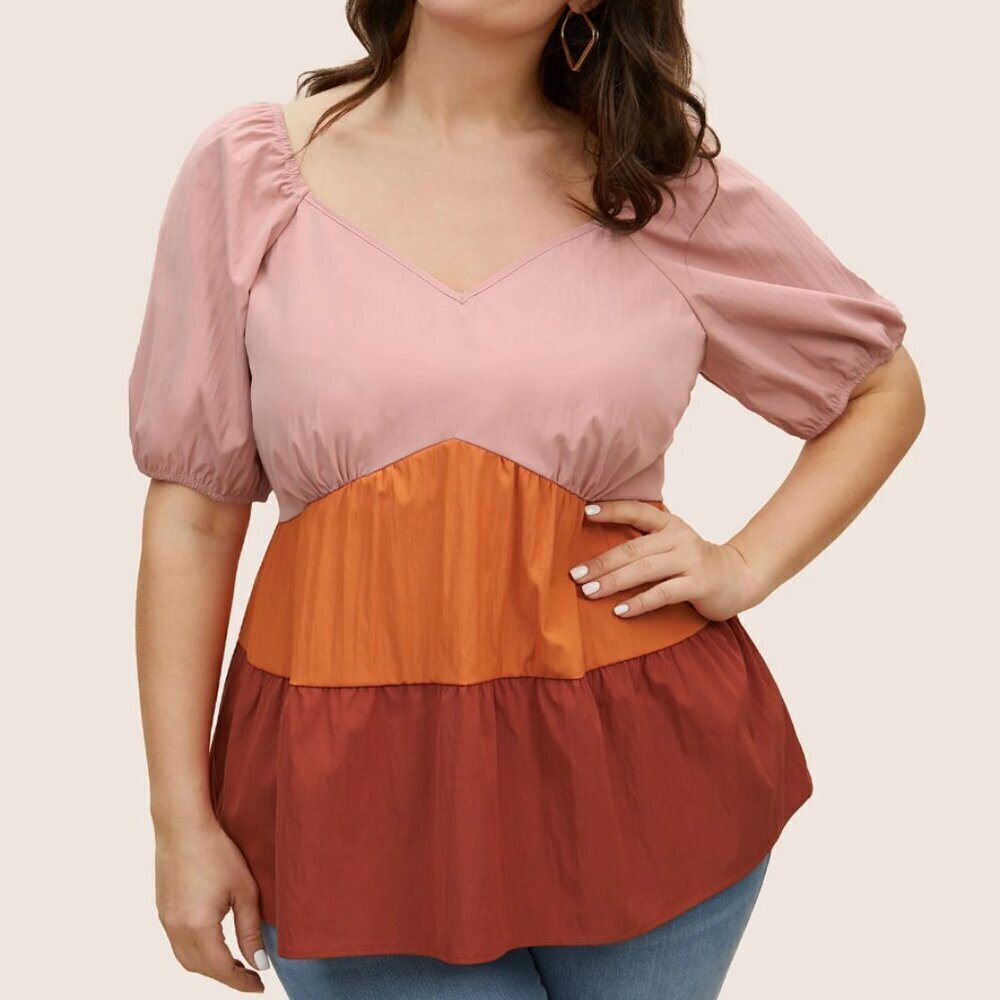 Colorblock Contrast Gathered Lantern Sleeve Blouse Size M ( us size 10)
